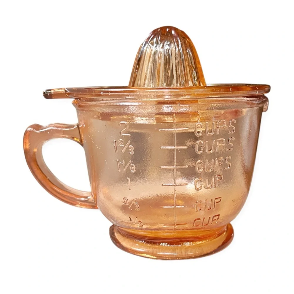 Depression Era Pink Peach Amber Glass Citrus Juicer Reamer w/2 Cup Measuring Cup - Picture 5 of 11